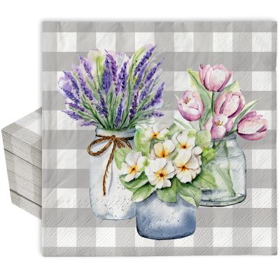 AnyDesign 80 Pack Floral Paper Napkins Disposable Buffalo Plaids Lavender Tulip Luncheon Napkin 6.5 x 6.5" Spring Flower Dessert Dinner Hand Napkin for Seasonal Birthday Wedding Baby Shower Supplies