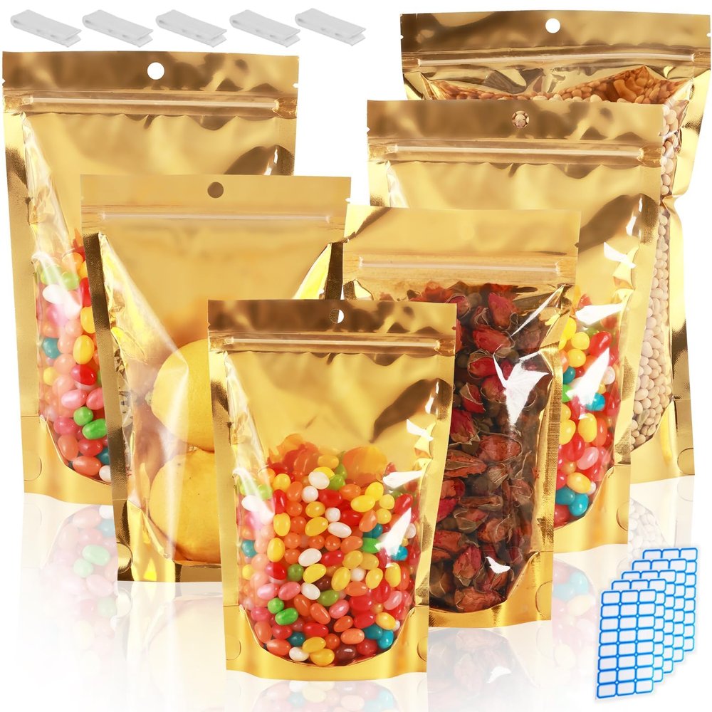 150 Pcs Mylar Bags for Food Storage 7x10 Mylar Bag with Window Stand Up Large Resealable Bags Smell Proof Bag Food Packaging for Small Business Freeze Dried Candy Jewelry Foil Packaging Gold