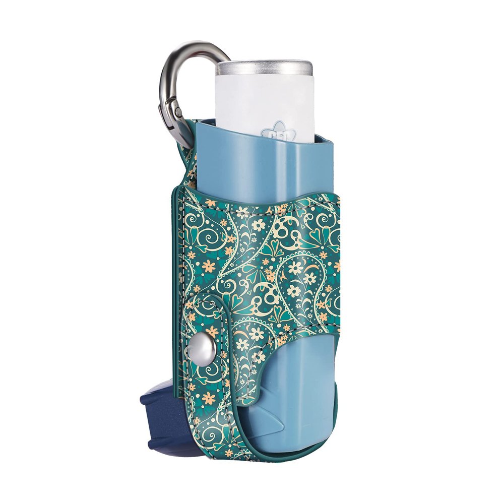 MEDMAX Asthma Inhaler Holder PU Leather Protective Travel Handy Mini Holster, Lightweight Carrying Case with Carabiner Clip, Inhaler Not Included (Case Only), Paisley Blue