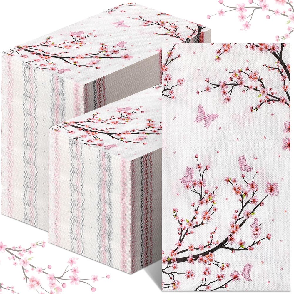 Spiareal 200 Pcs Floral Cherry Blossoms Guest Napkins Paper Hand Towels for Bathroom Pink Paper Towels Dinner Disposable Hand Napkins for Wedding Party Bridal Birthday