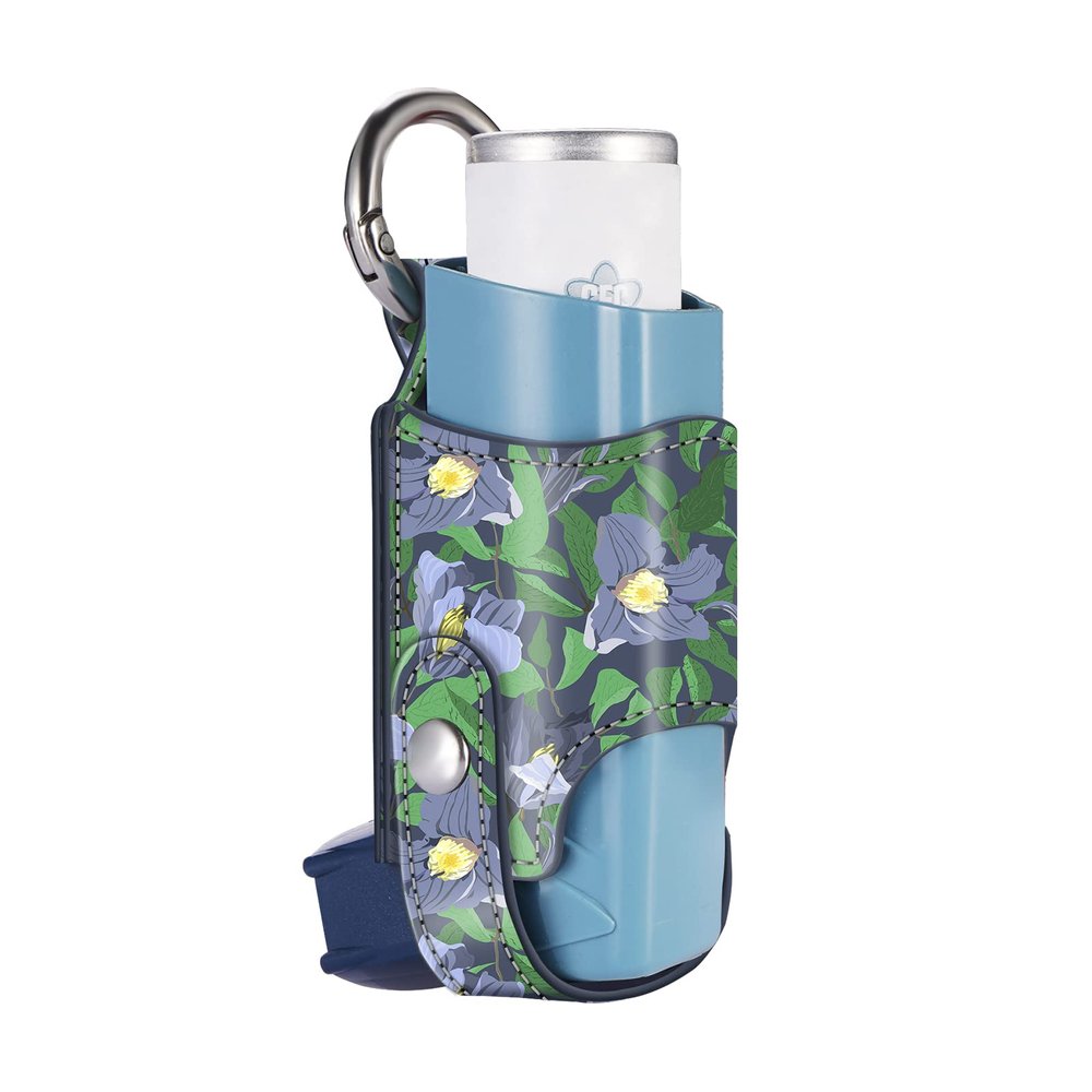 MEDMAX Asthma Inhaler Holder PU Leather Protective Travel Handy Mini Holster, Lightweight Carrying Case with Carabiner Clip, Inhaler Not Included (Case Only), Blue Floral