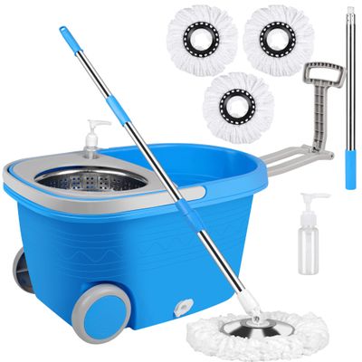 Mop and Bucket with Wringer Set, Mop and Bucket on Wheels Floor Cleaning System with Spin Mop Head 61 Inch Refills Extended Stainless Steel Handle for Home Office Household Cleaning