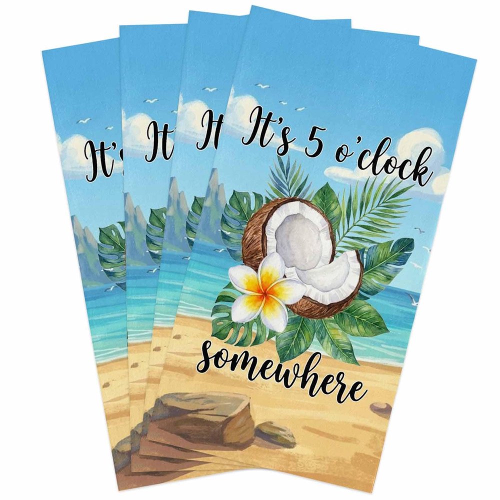Kitchen Towels Microfiber Cleaning Cloths, Summer Beach Coconut Plumeria Beach Blue Sky Soft Dish Towels for Kitchen, Pack of 4 Absorbent Hand Towels Reusable Tea Towels Bar Towels 18x28 Inch
