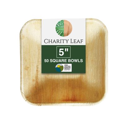 Charity Leaf Disposable Palm Leaf 5" Square Bowl (50 pcs) Dipping Bowls | Bamboo Like| All Natural and Biodegradable | Charcuterie Boards, BBQs, and Parties