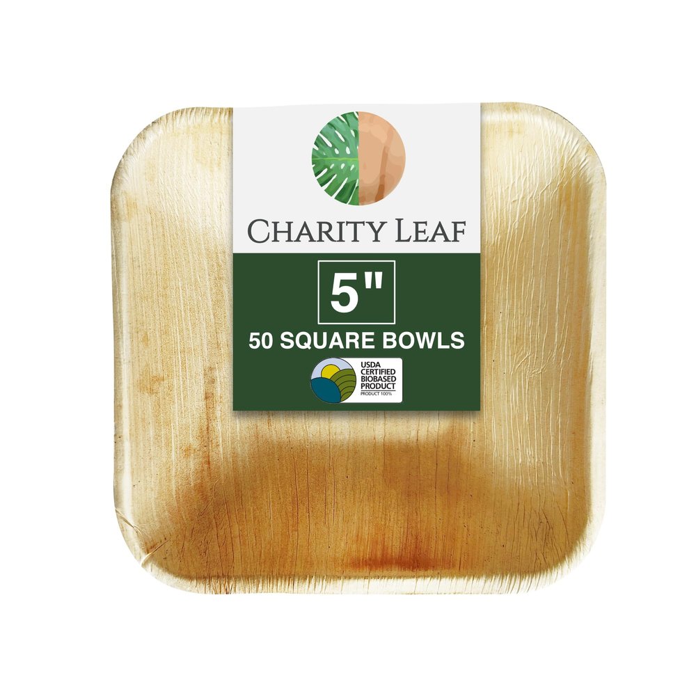 Charity Leaf Disposable Palm Leaf 5" Square Bowl (50 pcs) Dipping Bowls | Bamboo Like| All Natural and Biodegradable | Charcuterie Boards, BBQs, and Parties
