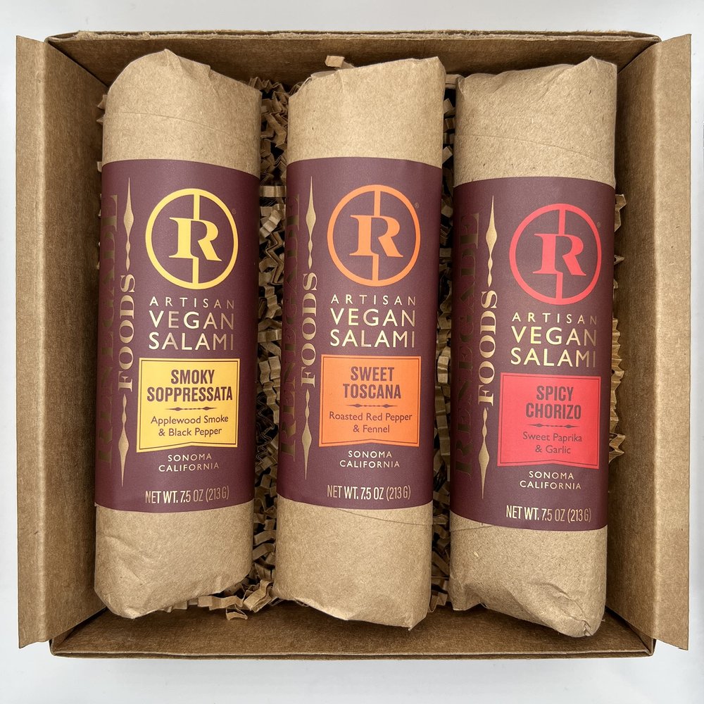Renegade Foods Artisan Vegan Salami | 3 Pack | Smoky Soppressata, Sweet Toscana, Spicy Chorizo | High Protein, Low Sugar, Seitan, Non-GMO | 16 - 17g of Protein Per Serving | Indulge European-Style Plant-Based Food