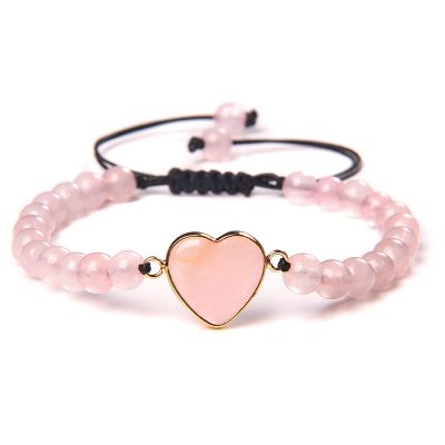 Natural Amazonite Stone Bracelets for Women Men Love Heart Bracelet Woven Rope Jewelry,Rose Pink Quartz,Adjustable