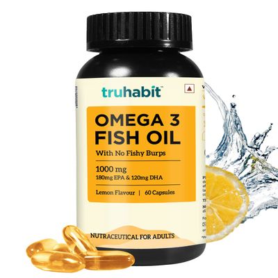 TruHabit Omega3 Fish Oil Capsules Omega 3 (60 Capsules) Fish Oil Omega 3 Capsule 1000mg (180mg EPA & 120mg DHA)- Lemon Flavoured Fishoil Omega 3 Capsules for Men, Omega 3 Fish Oil Capsules for Women