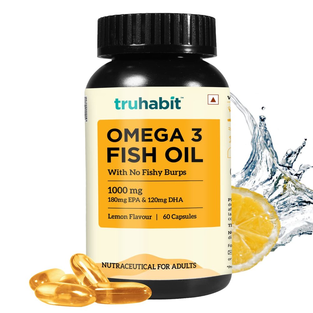 TruHabit Omega3 Fish Oil Capsules Omega 3 (60 Capsules) Fish Oil Omega 3 Capsule 1000mg (180mg EPA & 120mg DHA)- Lemon Flavoured Fishoil Omega 3 Capsules for Men, Omega 3 Fish Oil Capsules for Women