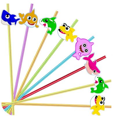 24pcs Cartoon Shark Party Favors Straws Cocktail Drink Straws, Ocean Shark Swimming Theme Birthday Party Supplies Decorations Party Favors with 2 Cleaning Brushes 6 Colors