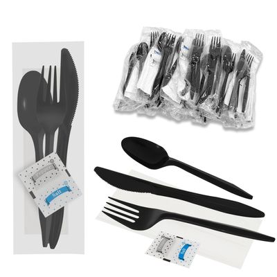 100Pack Plastic Cutlery Packets, Knife Fork Spoon Napkin Salt Pepper Sets, Individually Wrapped Black Plastic Cutlery Packets for Delivery, Cafeterias, Restaurants