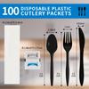 100Pack Plastic Cutlery Packets, Knife Fork Spoon Napkin Salt Pepper Sets, Individually Wrapped Black Plastic Cutlery Packets for Delivery, Cafeterias, Restaurants view 2
