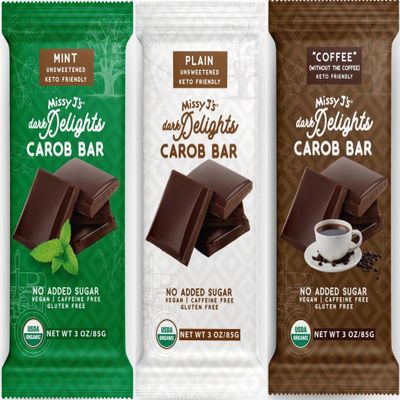 Missy J's Organic Carob Dark Delights Unsweetened Sampler Candy Bar 3 Pack, Vegan, Gluten and Caffeine Free Healthy Substitute for Chocolate, Perfect for Snacks and Treats
