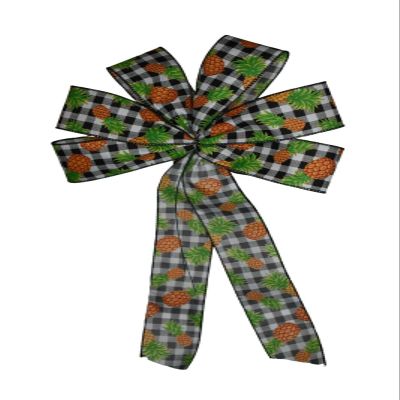 1 Pcs Large 10" Hand Made Wired Pineapple on Black Check Wired Wreath Bow Summer Fruit