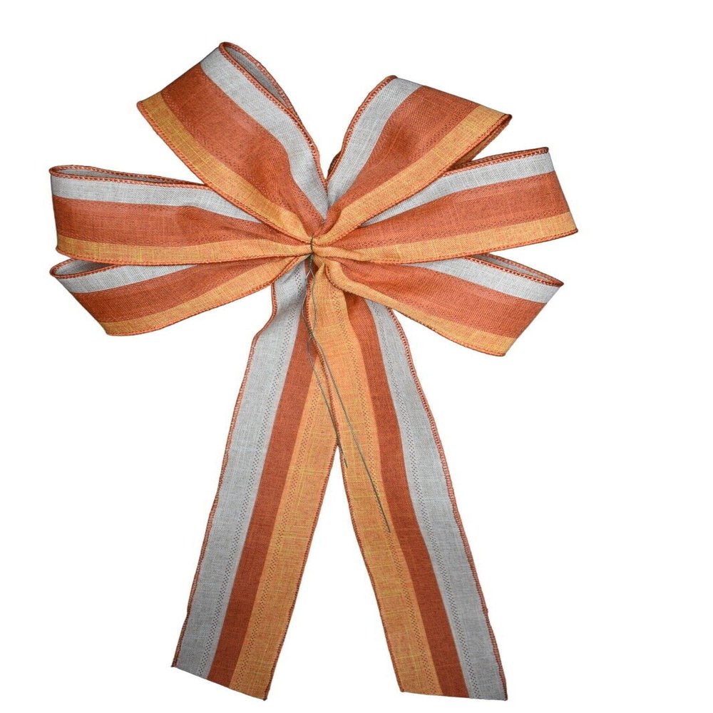 1 Pcs Large 10" Hand Made Fall Stripe Wired Wreath Bow Autumn Orange Rust Natural