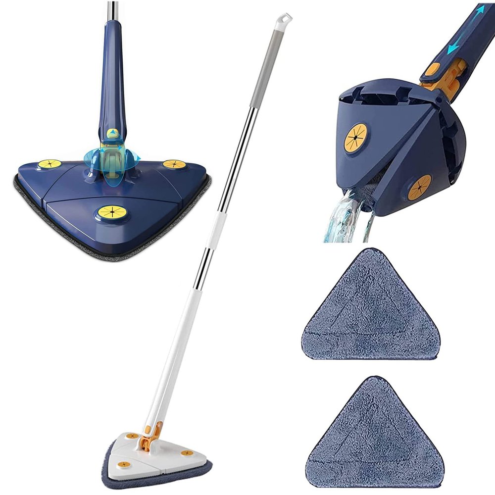 360 Rotatable Adjustable Cleaning Mop - Extendable Triangle Wall Cleaning Mop, Imitation Hand Twist Quick Dry Mop, Long Handle Microfiber Spin Mop Head Replacement for Ceiling, Wall (White w/ 2 Mops)