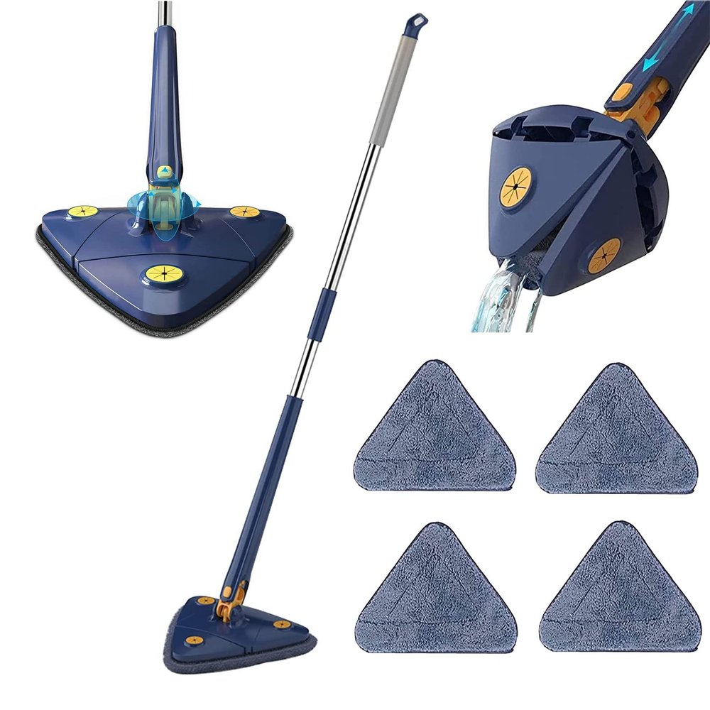 360 Rotatable Adjustable Cleaning Mop - Extendable Triangle Wall Cleaning Mop, Imitation Hand Twist Quick Dry Mop, Long Handle Microfiber Spin Mop Head Replacement for Ceiling, Wall (Blue w/ 4 Mops)