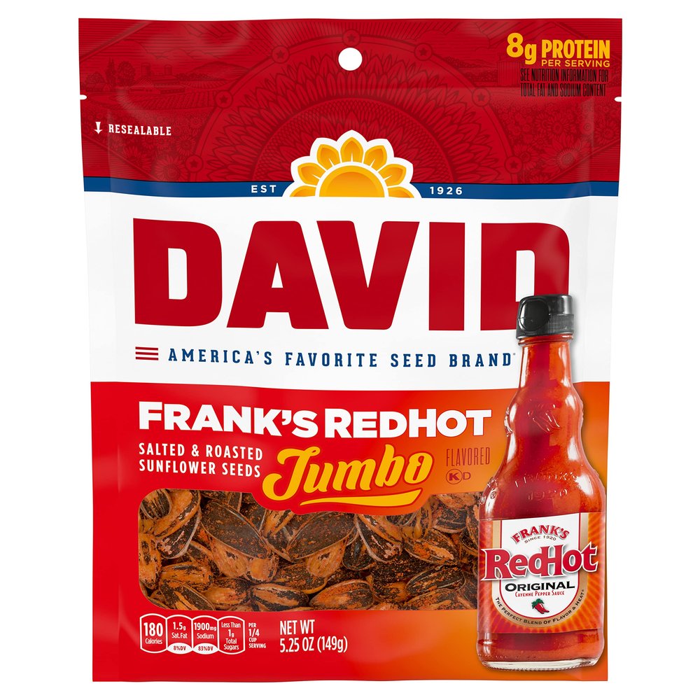 DAVID Roasted and Salted Jumbo Sunflower Seeds, Frank's Redhot Flavor, 5.25oz.