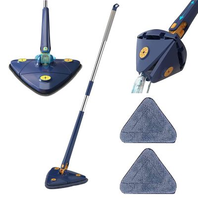 360 Rotatable Adjustable Cleaning Mop - Extendable Triangle Wall Cleaning Mop, Imitation Hand Twist Quick Dry Mop, Long Handle Microfiber Spin Mop Head Replacement for Ceiling, Wall (Blue w/ 2 Mops)
