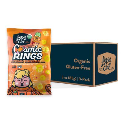 LesserEvil Cosmic Cheddar Cosmic Rings, Premium Quality, Minimally Processed, No Vegetable Oil, 3 oz, Pack of 3