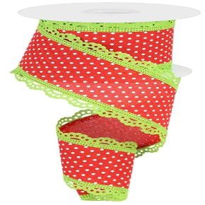 Craig Bachman 2.5" Swiss Dots Lace Edge Ribbon: Red/Lime Green (10 Yards) Craft Floral Arrangement Gift Wrapping Wired Edge Ribbon