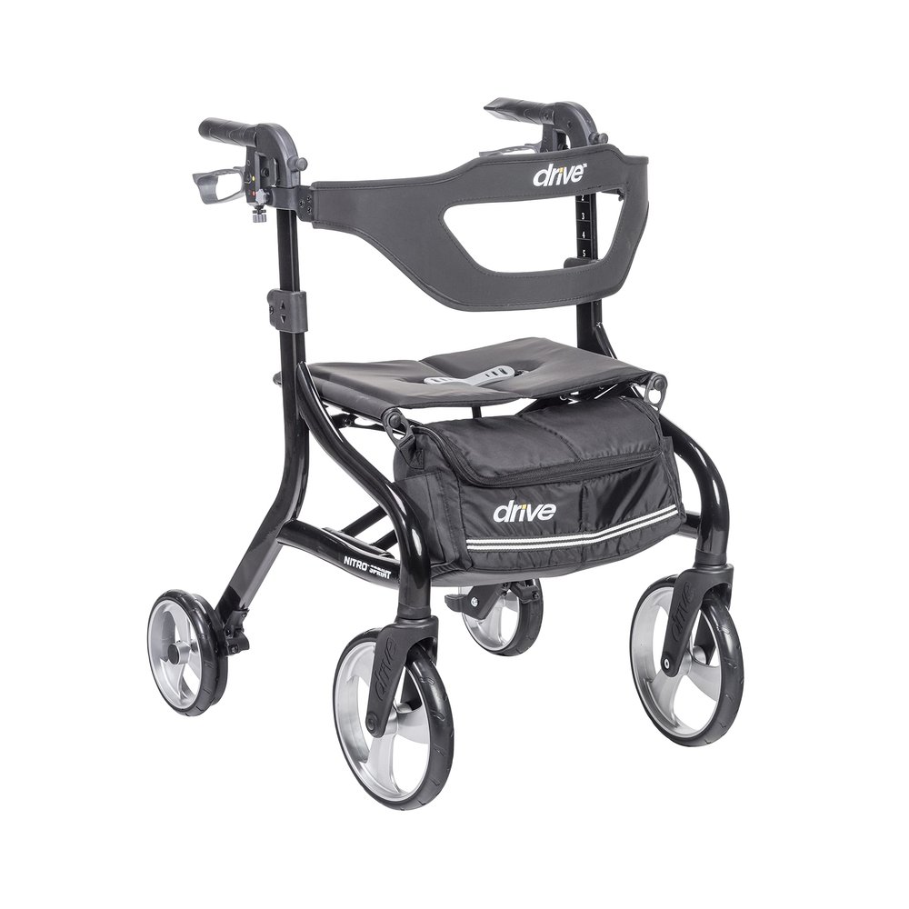 Drive Medical Nitro Sprint Foldable Rollator Walker with Seat - Lightweight Support - Large Wheels - Compact Folding Design - Adjustable Comfort - Standard Size - Black