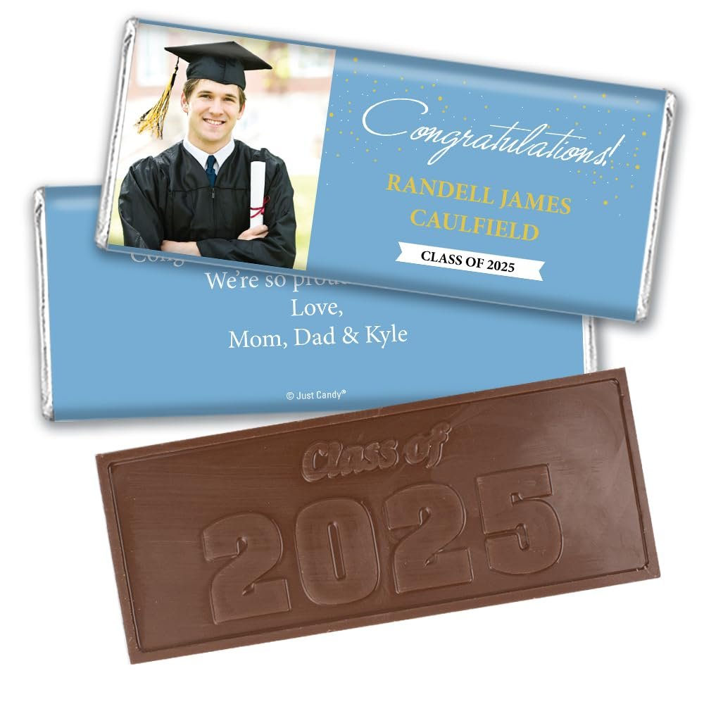 12ct Personalized Graduation Party Favors Engraved Chocolate Bars with Photo - Congrats (12 Count) - Baby Blue