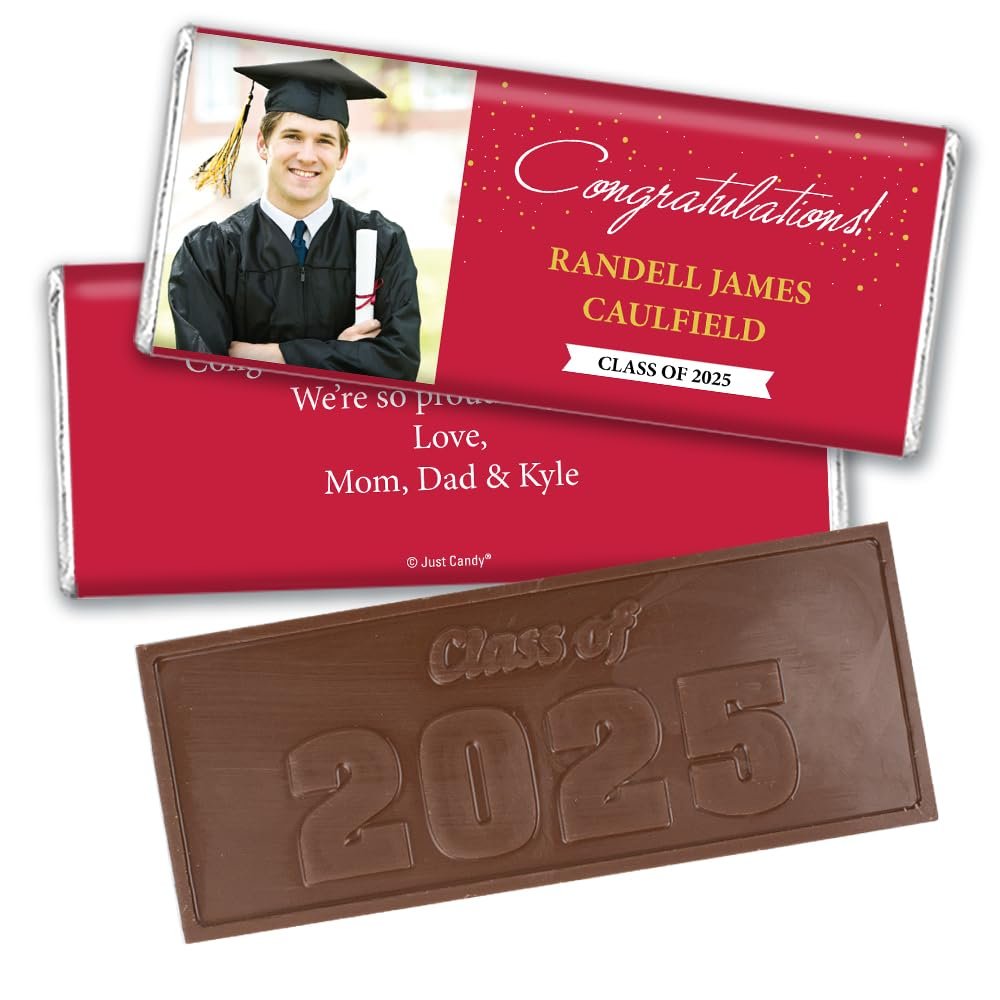 12ct Personalized Graduation Party Favors Engraved Chocolate Bars with Photo - Congrats (12 Count) with Photo - Congrats - Red