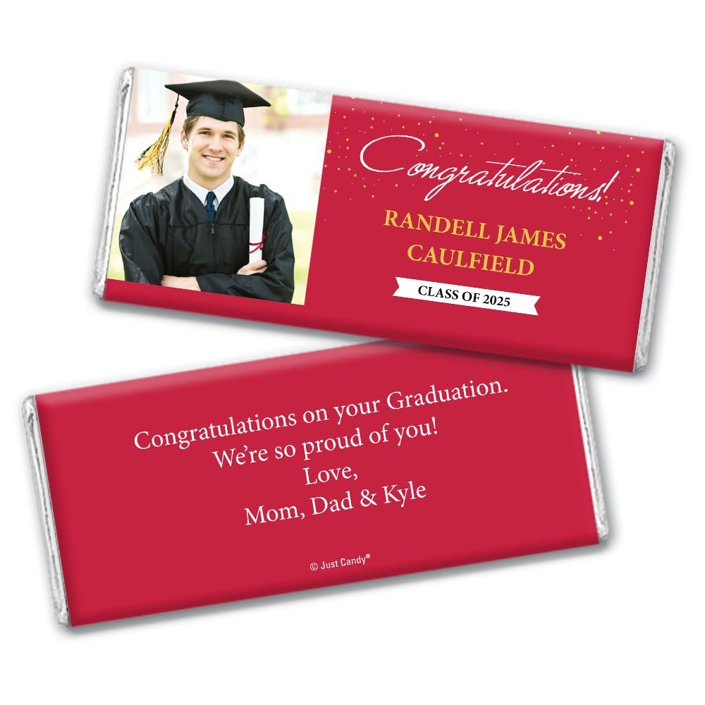 36ct Personalized Graduation Party Favors Wrapped Chocolate Bars with Photo - Congrats (36 Count) - Red