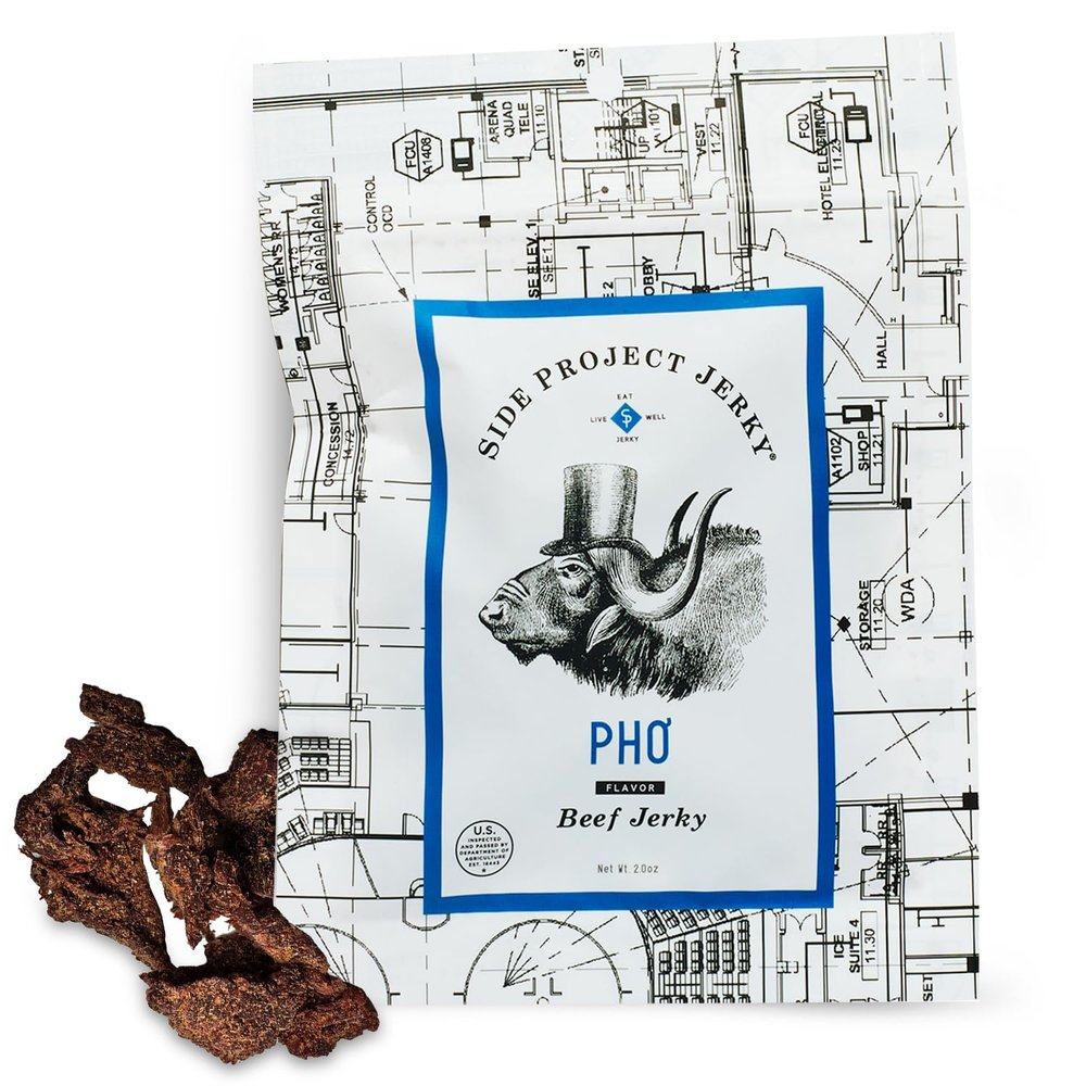 Side Project Beef Jerky - Pho Flavor - Vietnamese Inspired Beef Jerky - Gluten-Free - Zero Added Sugar - High Protein Snack - Chef Crafted & Born in Philly - Small Batch - 2 oz Pouches (Pack of 2)