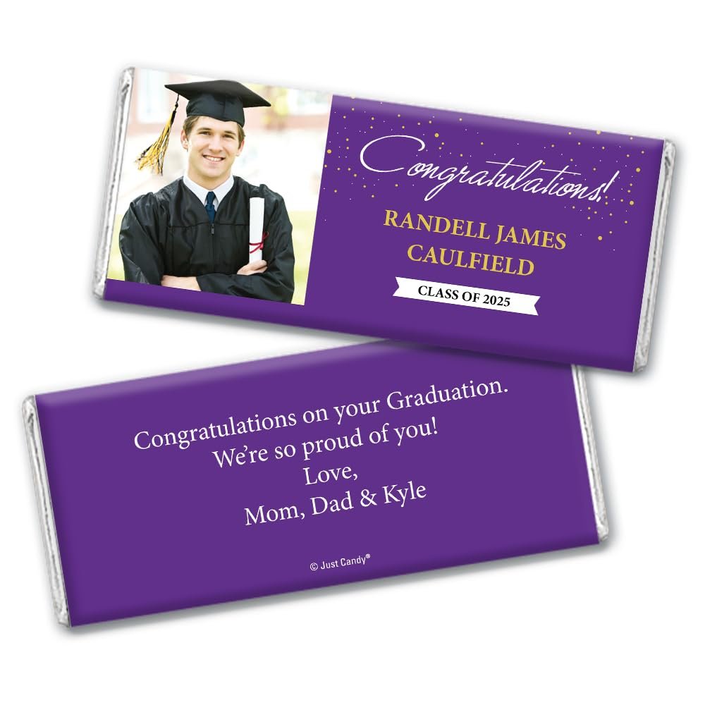 36ct Personalized Graduation Party Favors Wrapped Chocolate Bars with Photo - Congrats (36 Count) - Purple