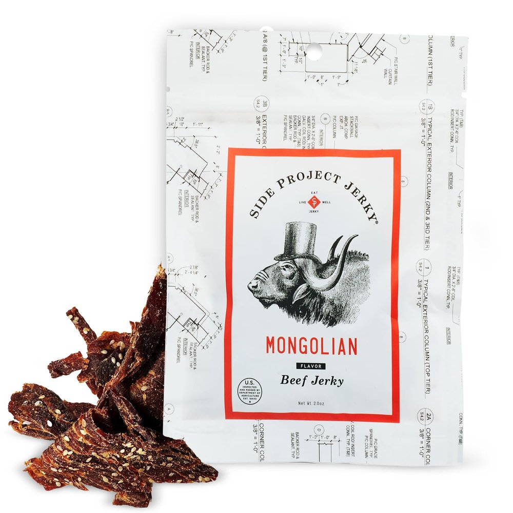 Side Project Jerkys Mongolian Flavored Beef Jerky - Chef Curated Beef Jerky Snack Packs with Sweet & Smoky Burnt End Notes - Premium USA Made High Protein Snacks - 2 oz (Pack of 2)