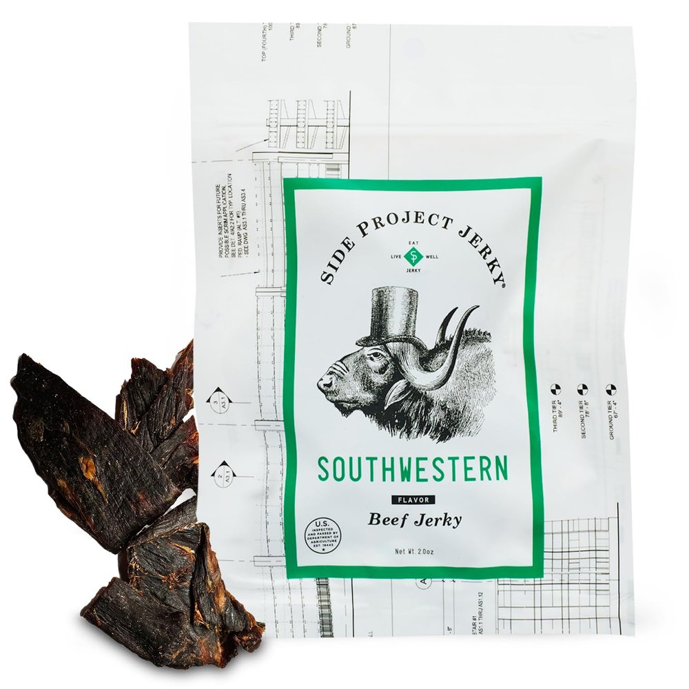 Side Project Jerky Southwestern Beef Jerky - Spicy Gourmet Snack with New Mexico Chile, Cumin & Cayenne - High Protein, Gluten Free Artisan Jerky - Chef Crafted & Small Batch - 2 oz Bag (Pack of 2)