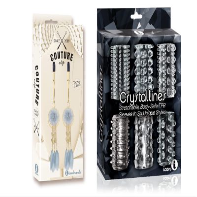 Sexy, Kinky Gift Set Bundle of Couture Clips Dove Gray Nipple Clamp and Icon Brands Crystalline TPR Cock Sleeves, 6 Pack, Clear