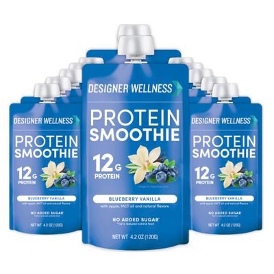 Designer Wellness Protein Smoothie, Real Fruit, 12g Protein, Low Carb, Zero Added Sugar, Gluten-Free, Non-GMO, No Artificial Colors or Flavors, Blueberry Vanilla, 12 Count