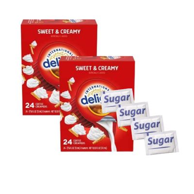 Sweet Cream Coffee Creamer Singles Variety Two-Pack Bundle 1 Flavor, Includes Two (2) 24 pack Sweet and Creamy singles, with added sugar packets (Sweet and Creamy)