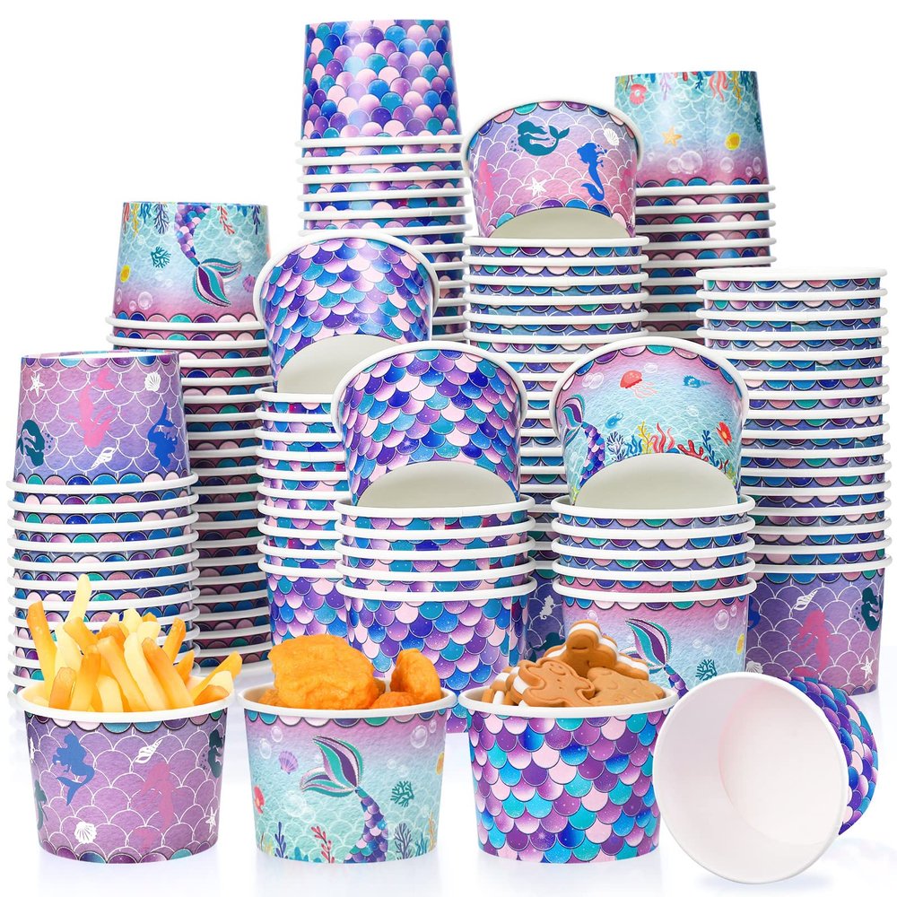 150 Pieces Mermaid Party Supplies Mermaid Cups Paper Ice Cream Disposable Snack Bowls Paper Dessert Soup Bowls for Hot or Cold Food, Kids Ocean Theme Party Baby Shower Decoration, 8 oz