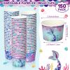 150 Pieces Mermaid Party Supplies Mermaid Cups Paper Ice Cream Disposable Snack Bowls Paper Dessert Soup Bowls for Hot or Cold Food, Kids Ocean Theme Party Baby Shower Decoration, 8 oz view 2