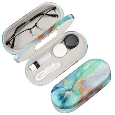 Fintie 2 in 1 Contact Lens Case and Eyeglasses Case, Double Sided Portable Eyeglasses Travel Holder with Built-in Mirror, Tweezer and Contact Lens Solution Bottle Included, Emerald Marble
