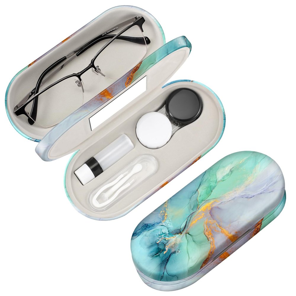 Fintie 2 in 1 Contact Lens Case and Eyeglasses Case, Double Sided Portable Eyeglasses Travel Holder with Built-in Mirror, Tweezer and Contact Lens Solution Bottle Included, Emerald Marble