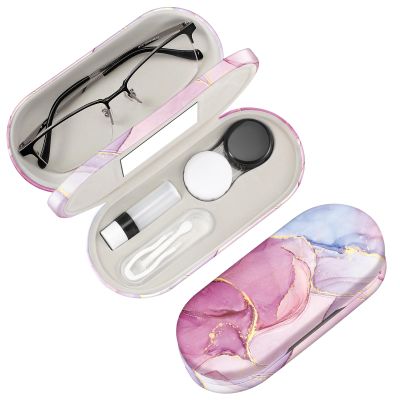 Fintie 2 in 1 Contact Lens Case and Eyeglasses Case, Double Sided Portable Eyeglasses Travel Holder with Built-in Mirror, Tweezer and Contact Lens Solution Bottle Included, Dreamy Marble