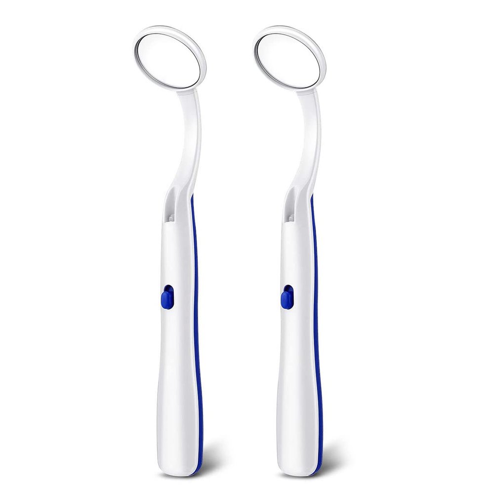 Ceonam 2 Pcs Dental Mirror with Light Tool LED Lighted Teeth Inspection Mirror Anti Fog Curve Angle Dentist Oral Care Tool (Dark Blue)