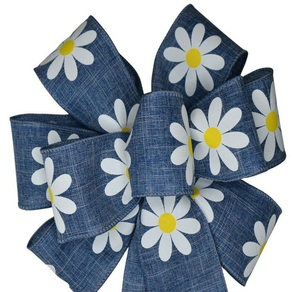 1 Pcs Large 10" Hand Made Wired Wreath Bow White Daisies on Blue Linen Ribbon