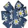 1 Pcs Large 10" Hand Made Wired Wreath Bow White Daisies on Blue Linen Ribbon view 1