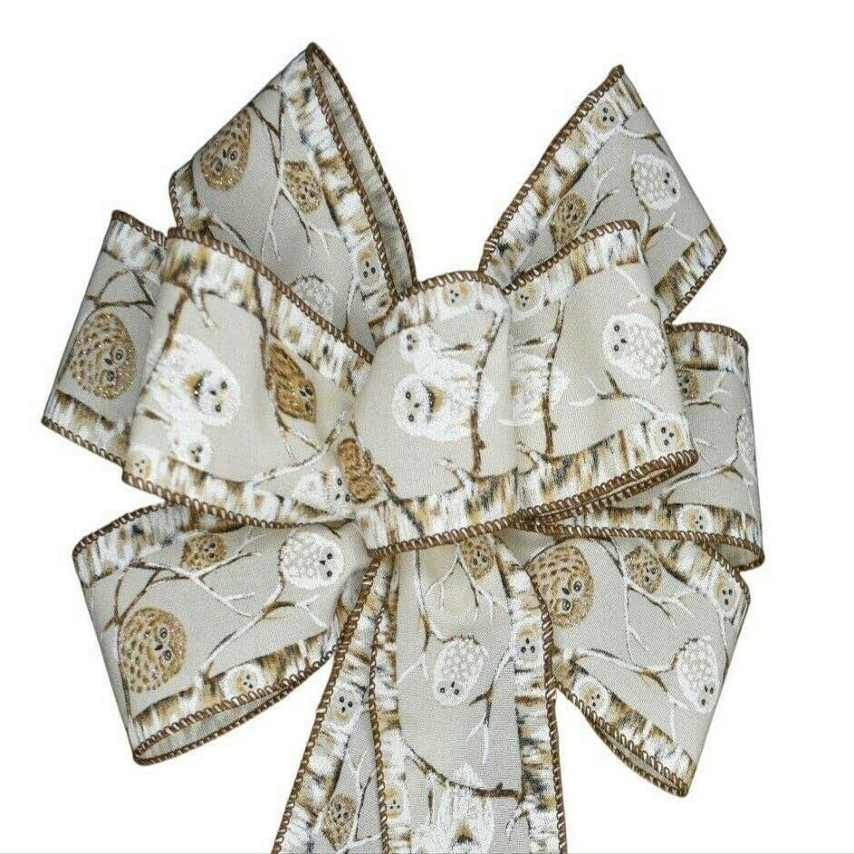 1 Pcs Large 10" Hand Made Natural Owl Christmas Linen Wired Wreath Bow Holiday White Bird