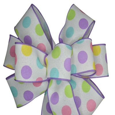 1 Pcs Large 10" Hand Made Wired Easter Dots On White Wreath Bow Pastel Pink Yellow Spring