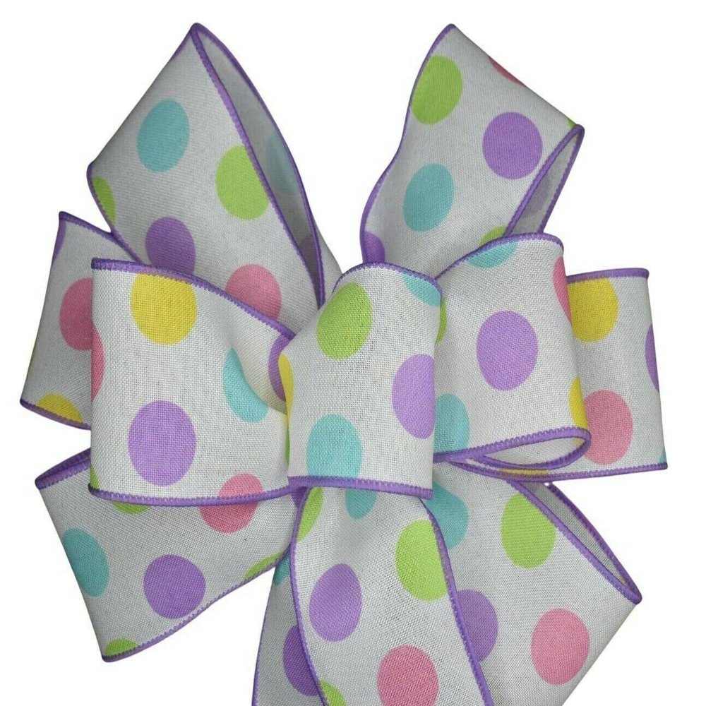 1 Pcs Large 10" Hand Made Wired Easter Dots On White Wreath Bow Pastel Pink Yellow Spring
