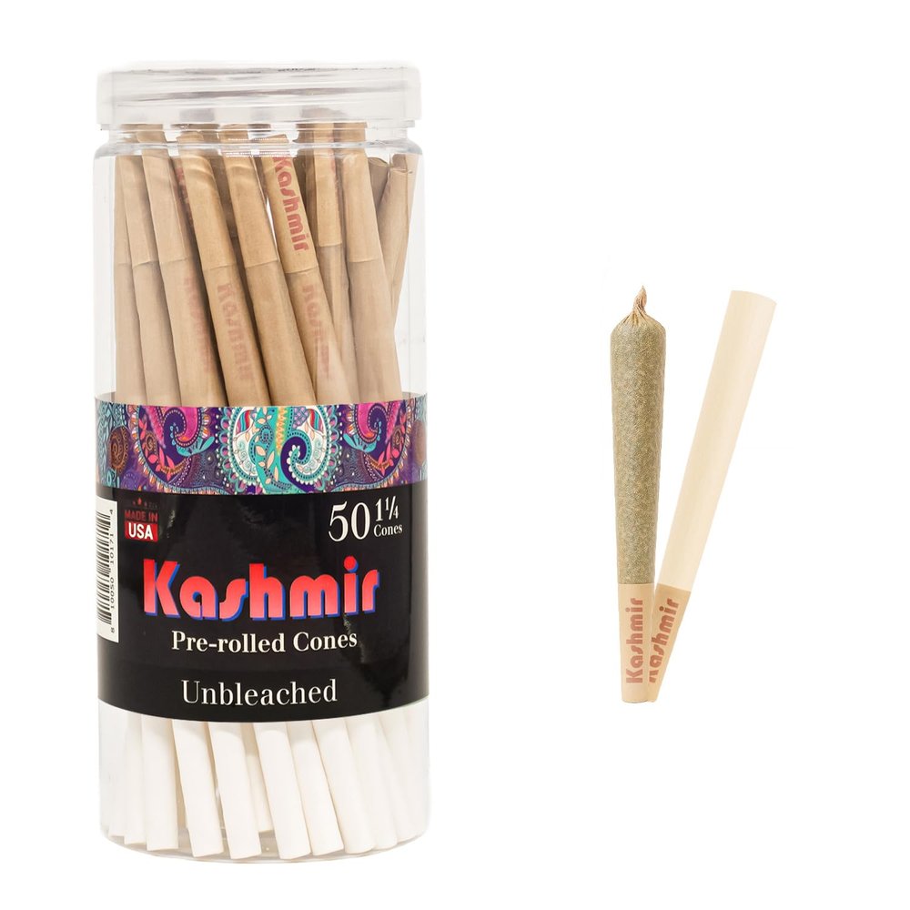 Kashmir Pre Rolled Cones 1 1/4 Size  50 Pack Unbleached Rolling Papers with W-Shaped Tips  Natural Fiber Cones  Slow Burn, Easy Fill, Even Smoke  79mm