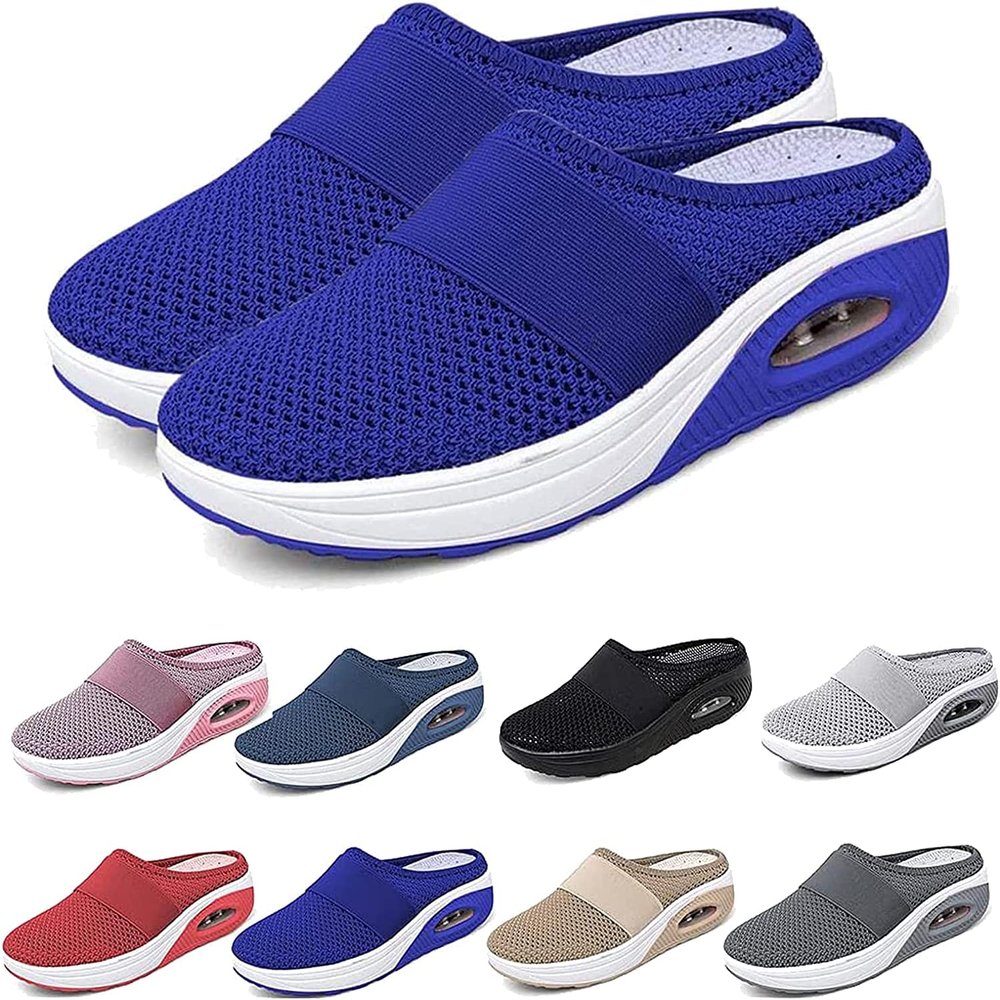 SAFECAMS Women Air Cushion Walking Shoes,Orthopedic Diabetic Mules Sandals,Breathable Arch Support Knit Casual Slip-On Penny Loafers (Blue,9)