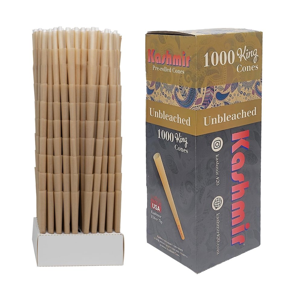 Kashmir Pre Rolled Cones King Size  1000 Pack Unbleached Rolling Papers with W-Shaped Tips  Natural Fiber Cones  Slow Burn, Easy Fill, Even Smoke  108mm Pre Rolls